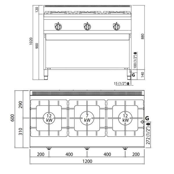 Cuisinière à gaz - 31 kW - 3 brûleurs