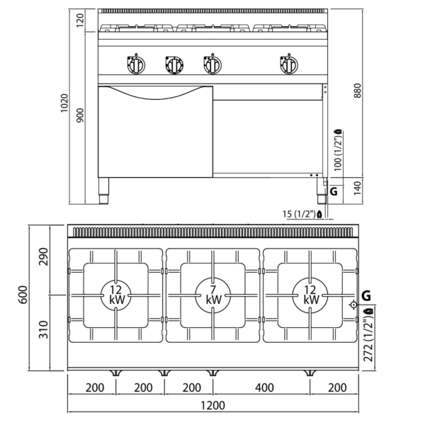 Cuisinière à gaz - 31 kW - 3 brûleurs - four à gaz statique inclus - 3,5 kW