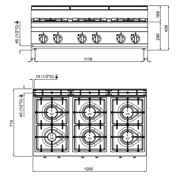 Cuisinière à gaz - 33,5 kW - 6 brûleurs