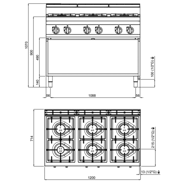 Cuisinière à gaz - 33,5 kW - 6 brûleurs