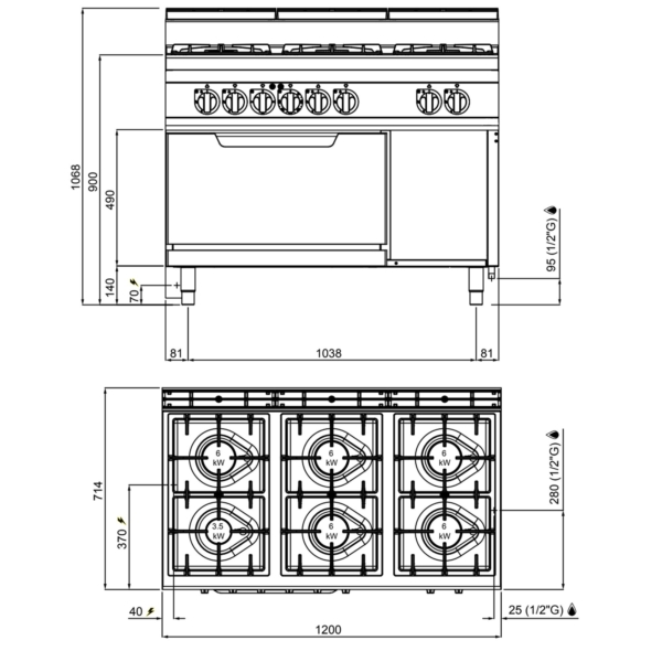 Cuisinière à gaz - 33,5 kW - 6 brûleurs - four électrique statique inclus - 7,5 kW