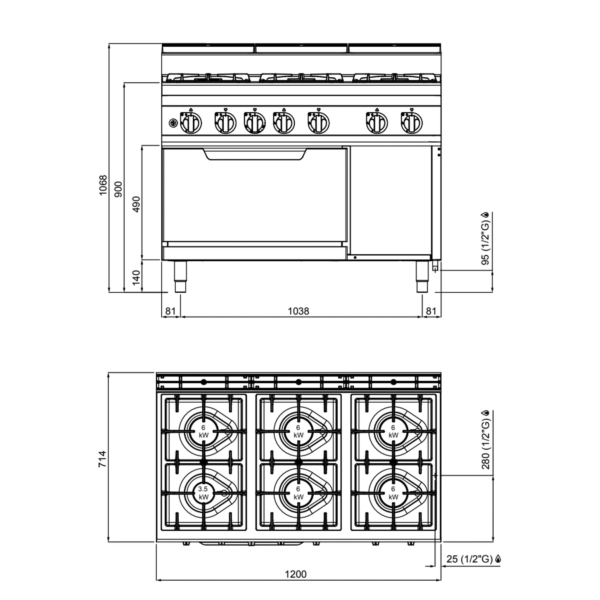 Cuisinière à gaz - 33,5 kW - 6 brûleurs - four à gaz inclus - 7,8 kW