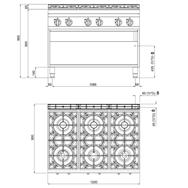 Cuisinière à gaz - 53,5 kW - 6 Brûleurs