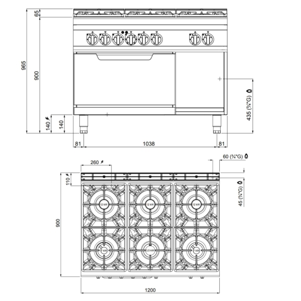 Cuisinière à gaz - 53,5 kW - 6 brûleurs - Four électrique statique inclus - 7,5 kW