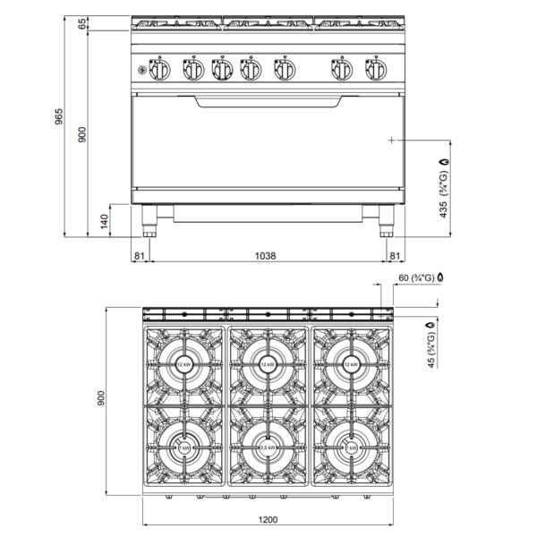 Cuisinière à gaz - 53,5 kW - 6 brûleurs - Four à gaz inclus - 12 kW