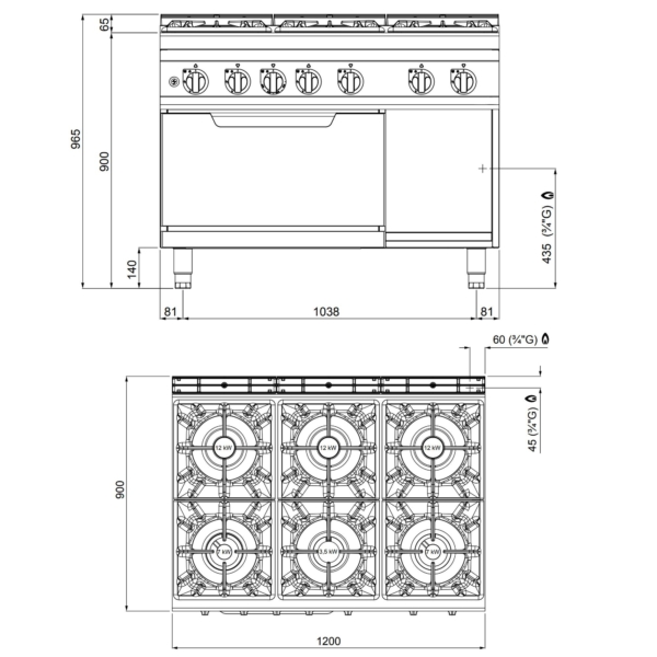 Cuisinière à gaz - 53,5 kW - 6 brûleurs - Four à gaz inclus - 7,8 kW