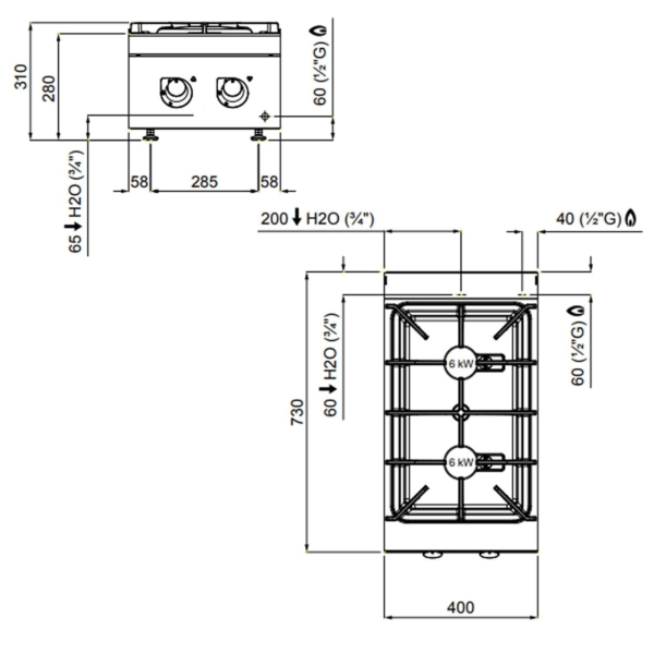 Cuisinière à gaz - 12 kW - 2 brûleurs