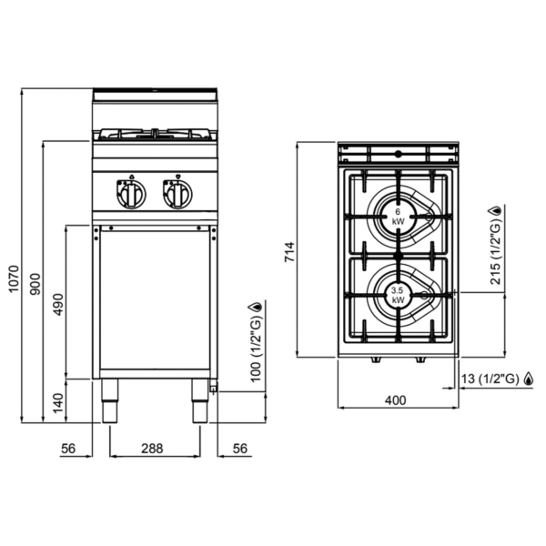 Cuisinière à gaz - 9,5 kW - 2 brûleurs