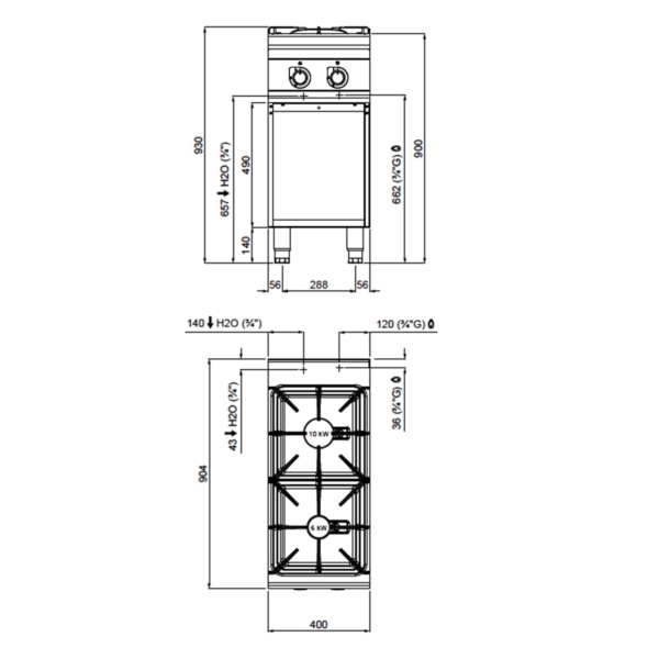 Cuisinière à gaz - avec 2 brûleurs - 20 kW - Modèle haute performance