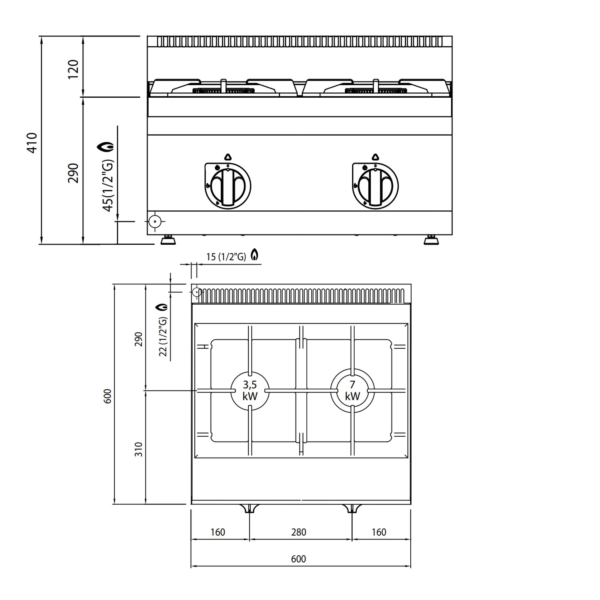 Cuisinière à gaz - 10,5 kW - 2 Brûleurs