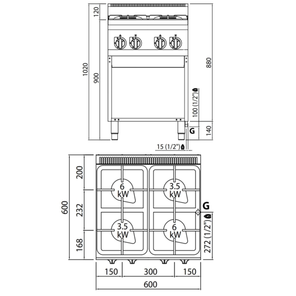 Cuisinière à gaz - 19 kW - 4 Brûleurs