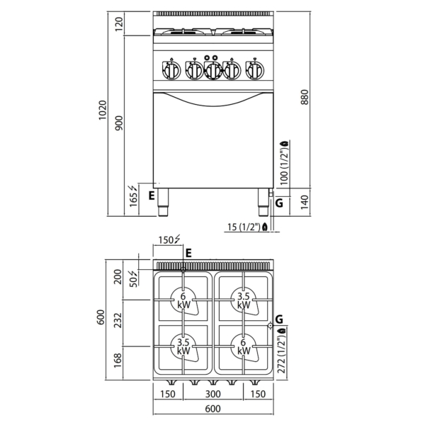 Cuisinière à gaz - 19 kW - 4 brûleurs - Four électrique à convection inclus - 3 kW