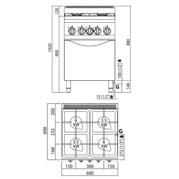 Cuisinière à gaz - 19 kW - 4 brûleurs - Four à gaz inclus - 3,5 kW