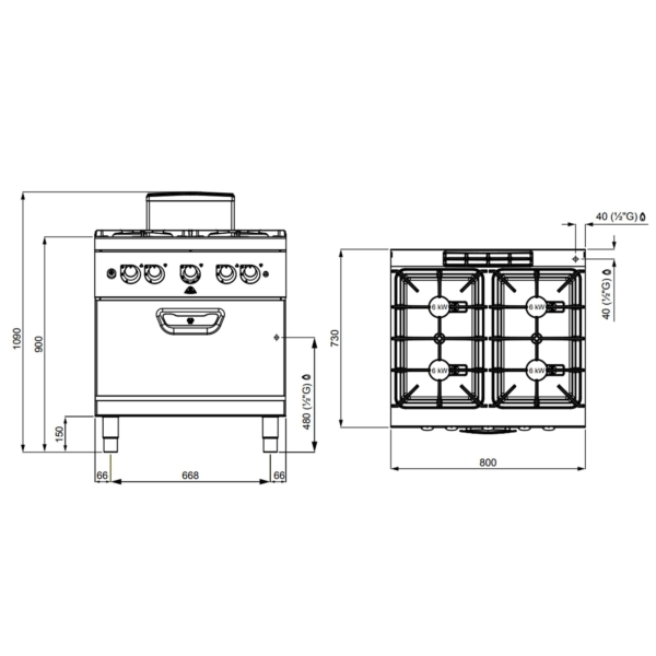 Cuisinière à gaz - 24 kW - 4 brûleurs- incl. four à gaz - 7,8 kW