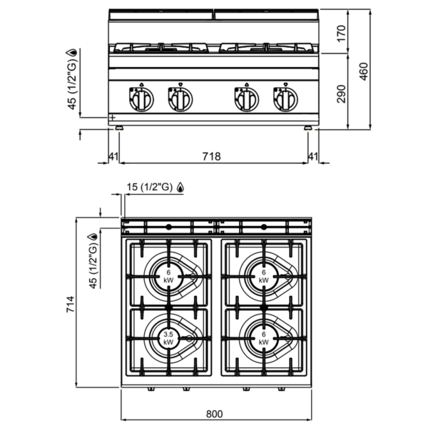 Cuisinière à gaz - 21,5 kW - 4 brûleurs