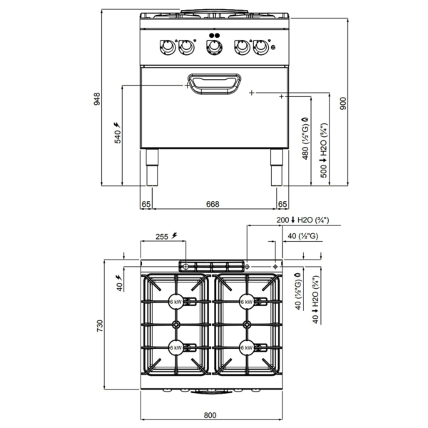 Cuisinière à gaz - 24 kW - 4 brûleurs - four électrique inclus - 4,7 kW