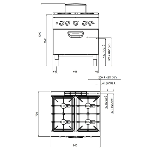 Cuisinière à gaz - 24 kW - 4 brûleurs - four à gaz inclus - 7,8 kW