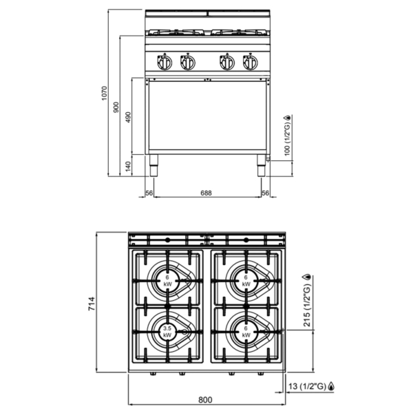 Cuisinière à gaz - 21,5 kW - 4 brûleurs