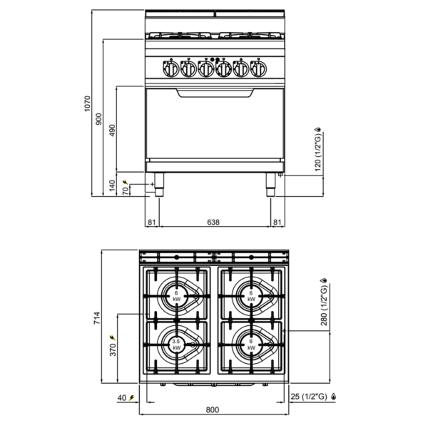 Cuisinière à gaz - 21,5 kW - 4 brûleurs - four électrique statique inclus - 7,5 kW