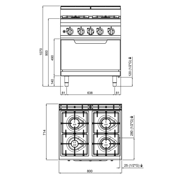 Cuisinière à gaz - 21,5 kW - 4 brûleurs - four à gaz inclus - 7,8 kW