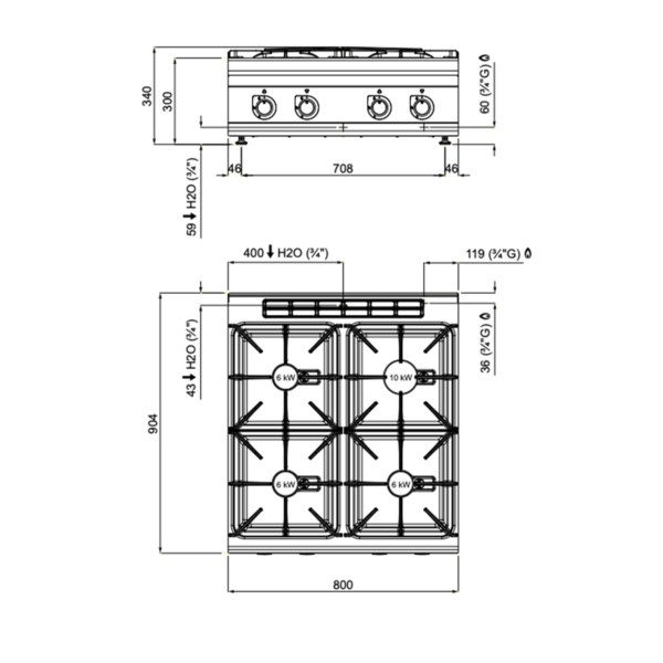 Cuiseur à gaz - avec 4 brûleurs - 28 kW - modèle haute performance