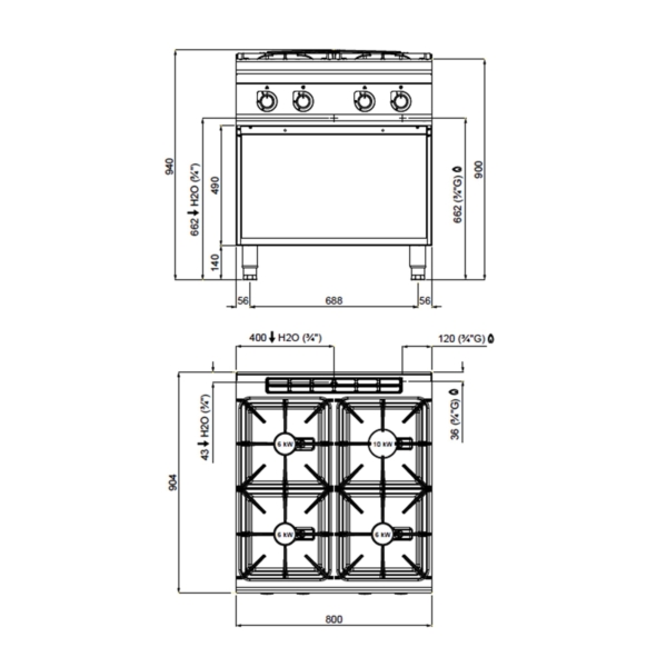 Cuisinière à gaz - avec 4 brûleurs - 28 kW