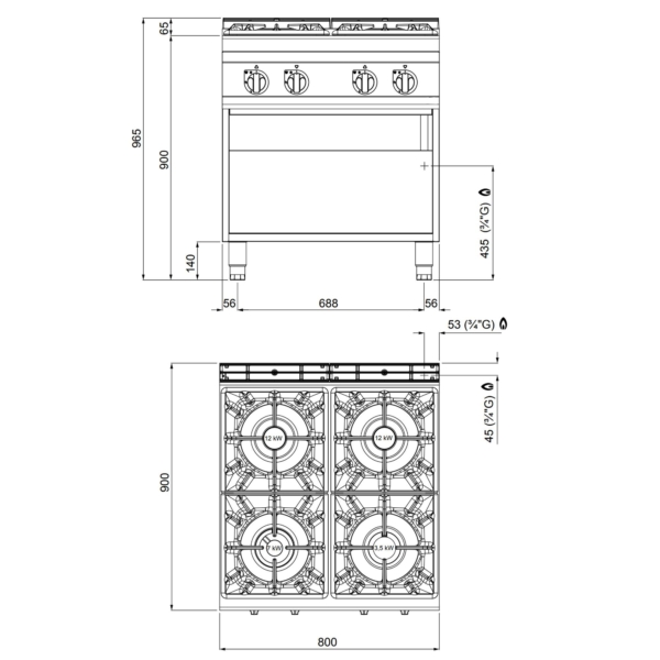 Cuisinière à gaz - 34,5 kW - 4 brûleurs