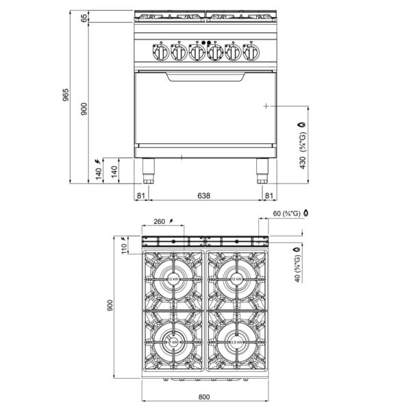 Cuisinière à gaz - 34,5 kW - 4 brûleurs - Four électrique statique inclus - 7,5 kW