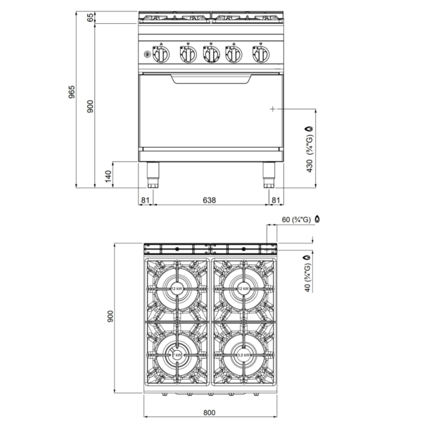 Cuisinière à gaz - 34,5 kW - 4 brûleurs - four à gaz inclus - 7,8 kW