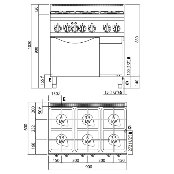 Cuisinière à gaz - 28,5 kW - 6 brûleurs - Four électrique à convection - 3 kW