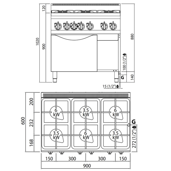 Cuisinière à gaz - 28,5 kW - 6 brûleurs - Four à gaz - 3,5 kW