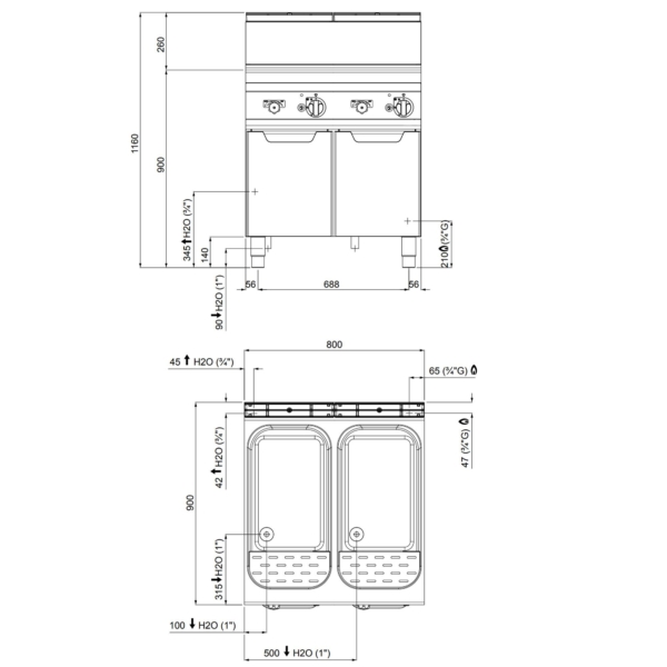 Cuiseur de pâtes à gaz - 80 litres - 24 kW