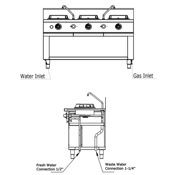 Cuisinière wok à gaz - 45 kW - 3 zones de cuisson - incl. 2 mini-colonnes d'eau