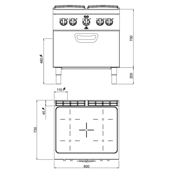 Cuisinière à infrarouge - 12,8 kW - 4 plaques de cuisson - Four électrique inclus - 4,7 kW