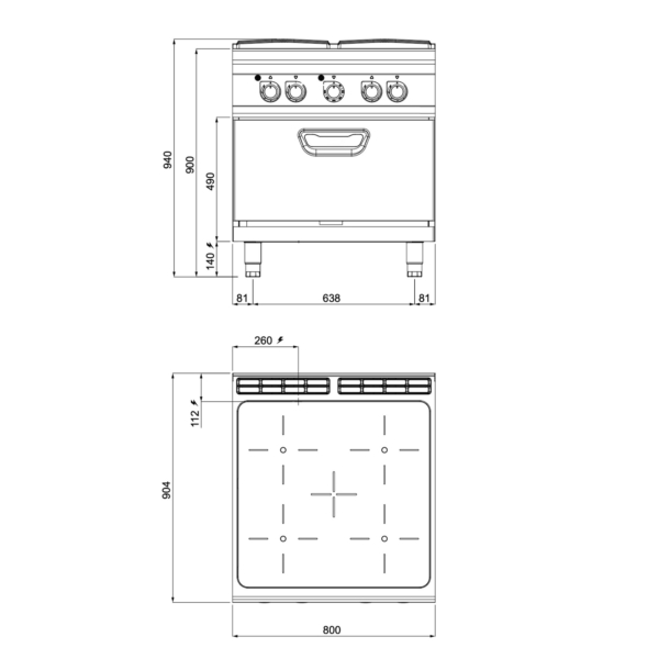 Plaque à infrarouge - 16 kW - 4 zones de cuisson - incluant un four électrique - 4,46 kW