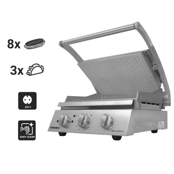 ROBAND | Grill de contact | Grill à hamburgers - 3,1 kW - Rainuré en haut & Lisse en bas - Surface de cuisson : 500x275mm