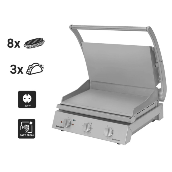 ROBAND | Grill de contact | Grill à hamburgers - 3,1 kW - Haut & Bas lisse - Surface de cuisson : 500x275mm