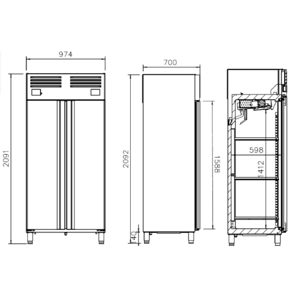 Réfrigérateur en acier inoxydable PREMIUM PLUS - GN 1/1 - 745 litres - avec 2 portes