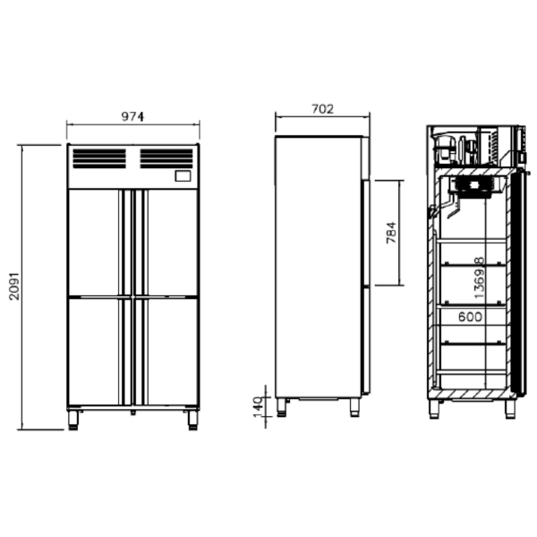 Réfrigérateur en acier inoxydable PREMIUM PLUS - GN 1/1 - 745 litres - avec 4 demi-portes