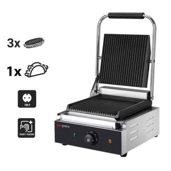 Grill de contact - 1,8 kW - rainuré en haut et en bas - Surface de cuisson : 235x225mm