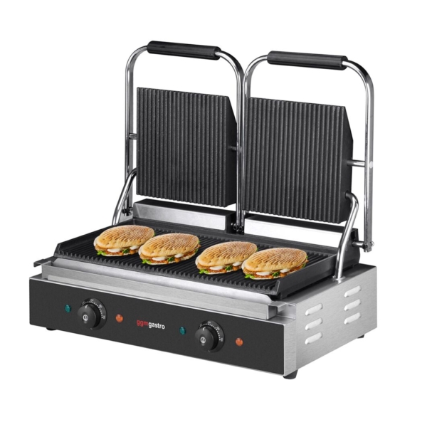 Grill de contact - 3,6 kW - rainuré en haut et en bas - Surface de cuisson : 485x235mm