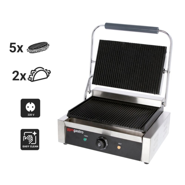 Grill de contact - 2,8 kW - rainuré en haut et en bas - surface de cuisson : 340x230mm