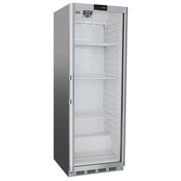 Réfrigérateur en acier inoxydable PREMIUM - 400 litres - avec 1 porte en verre et refroidissement statique avec ventilateur