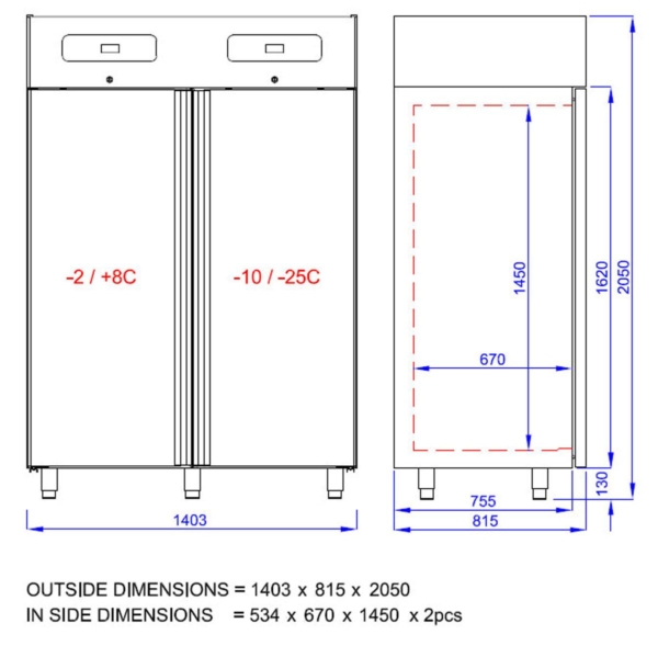 Combiné réfrigérateur-congélateur PREMIUM - GN 2/1 - 1400 litres - avec 2 portes vitrées