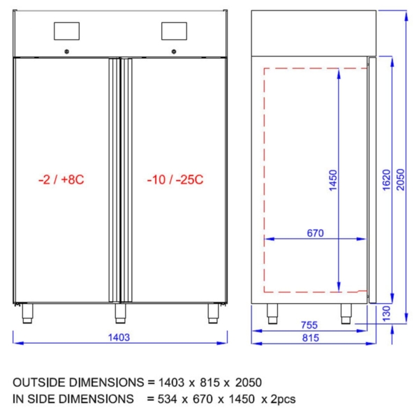 Combiné réfrigérateur-congélateur PREMIUM- GN 2/1 - 1400 litres - 2 portes