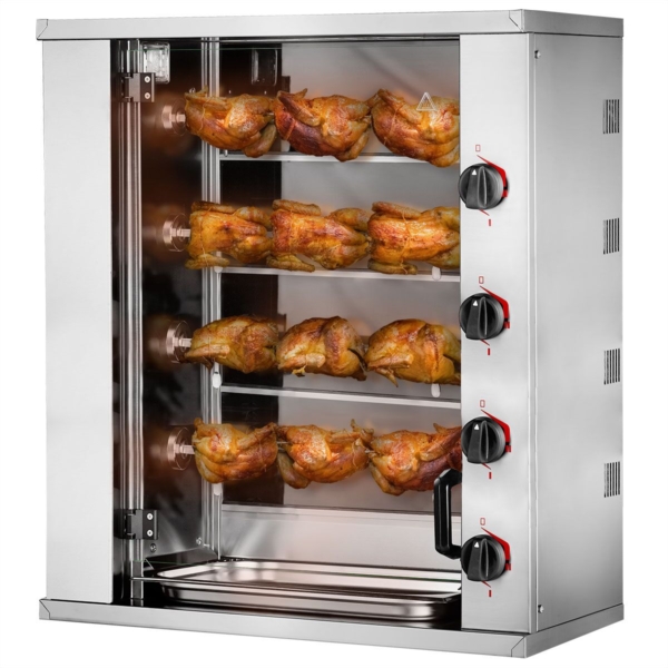 Mini grill électrique pour poulets - 8,8kW - avec 4 broches pour jusqu'à 12 poulets