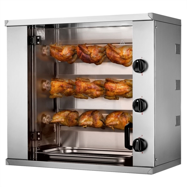 Mini-grill à poulet à gaz - 10,2kW - avec 3 broches pour jusqu'à 9 poulets