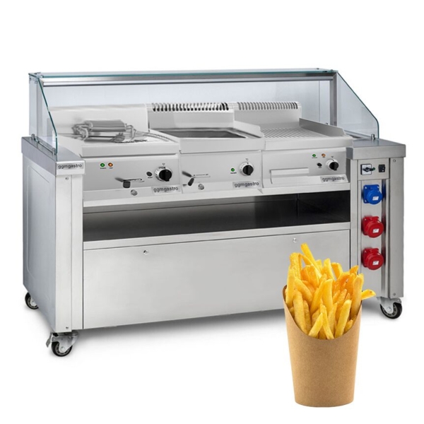 Station de cuisson mobile - 1600x850mm - Hauteur : 1170mm - incl. Friteuse, Plaque à frire & Bain-Marie