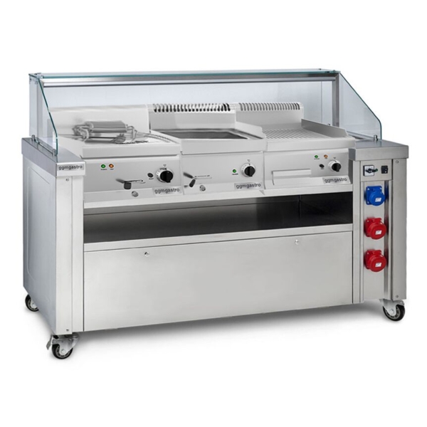 Station de cuisson mobile - 1600x850mm - Hauteur : 1170mm - incl. Friteuse, Plaque à frire & Bain-Marie