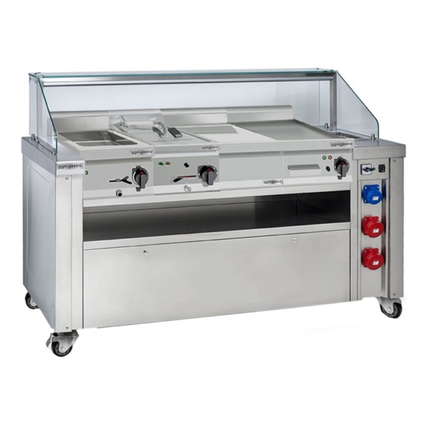 Station de cuisson mobile - 1600x850mm - Hauteur : 1170mm - incl. Friteuse, Plaque à frire, Bain-Marie & Élément neutre